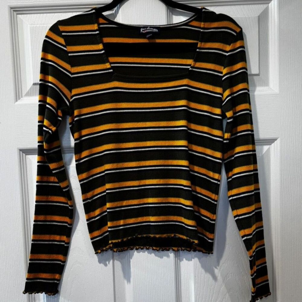 Freshman 1996 Crop Top Brown & Yellow Stripe Size L 90's Y2K Festival OOTD